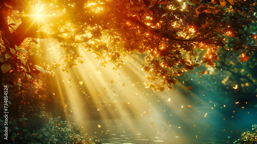 In the luminous heart of the forest, where light filters through the canopy, the gentle interplay of shadows and sunlight paints a picture of serene beauty, 