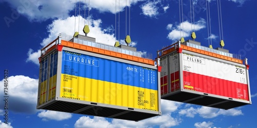 Fototapeta Naklejka Na Ścianę i Meble -  Shipping containers with flags of Ukraine and Poland - 3D illustration