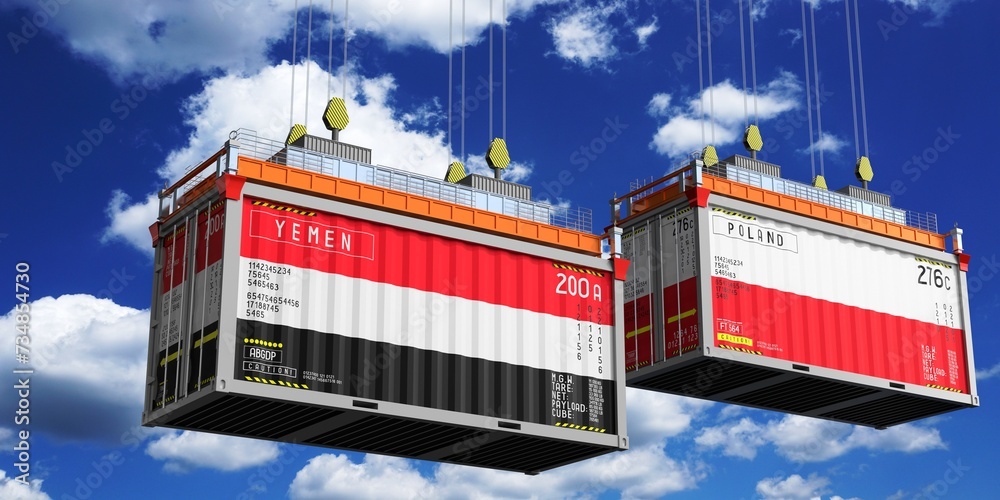 Shipping containers with flags of Yemen and Poland - 3D illustration
