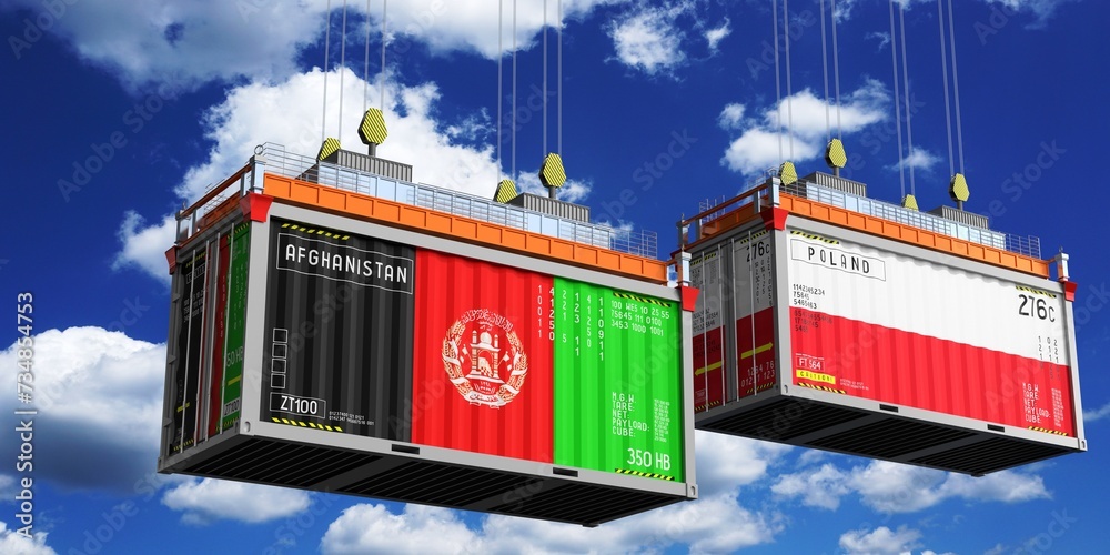 Shipping containers with flags of Afghanistan and Poland - 3D illustration