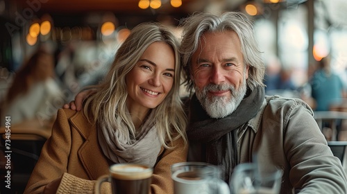 Happy mature couple in a restaurant or a cafe, portrait of beautiful people enjoying photo