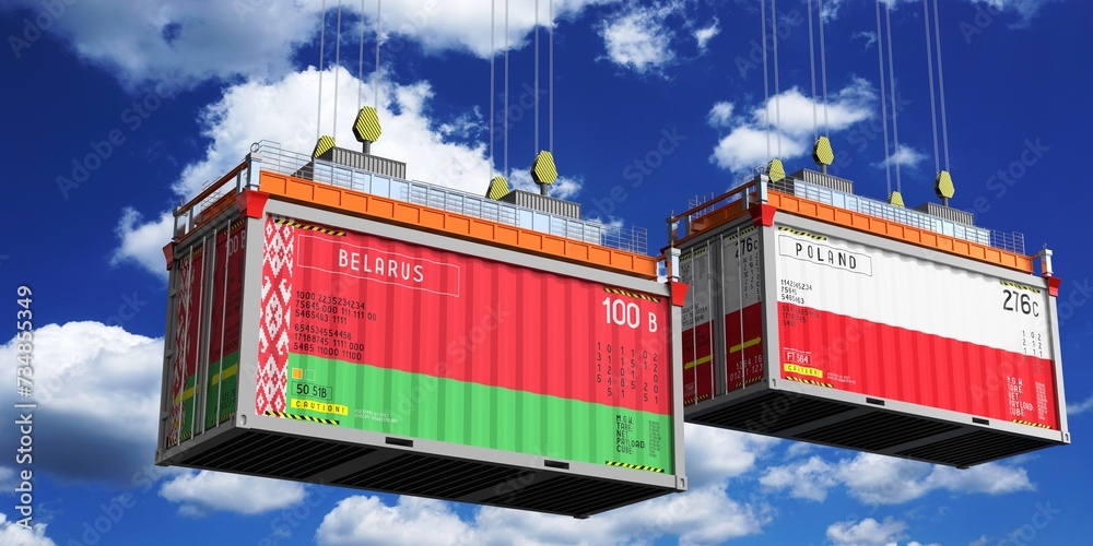 Shipping containers with flags of Belarus and Poland - 3D illustration
