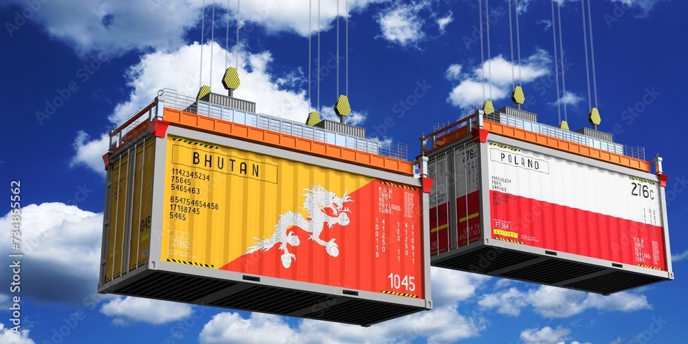 Shipping containers with flags of Bhutan and Poland - 3D illustration