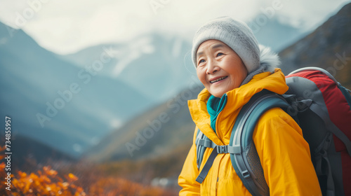 Old asian woman hiking on a mountain