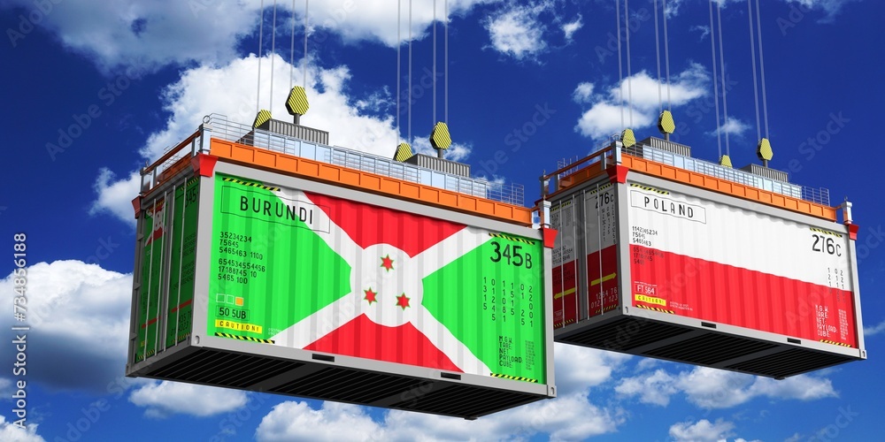 Shipping containers with flags of Burundi and Poland - 3D illustration