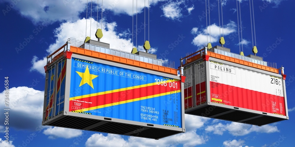 Shipping containers with flags of Democratic Republic of the Congo and Poland - 3D illustration