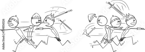 Two Groups of Warriors or Knights Running Away From Each Other, Vector Cartoon Stick Figure Illustration