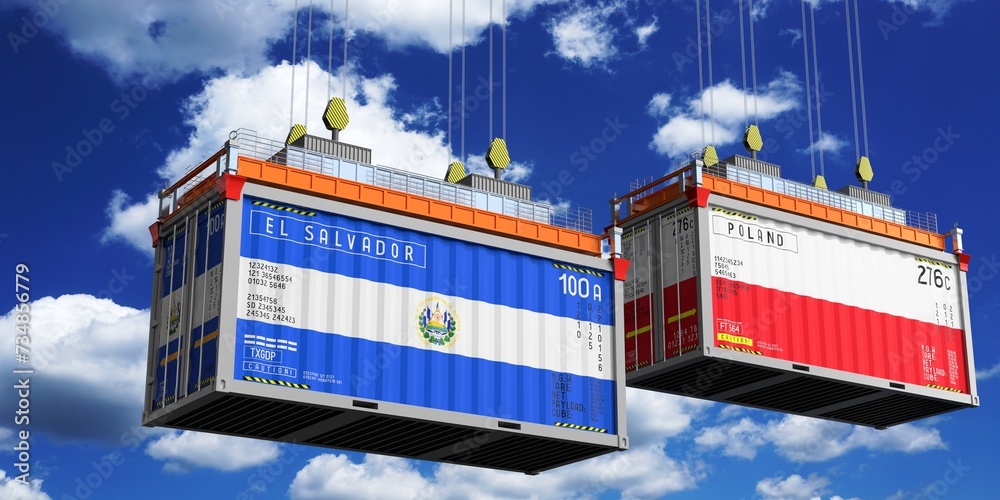 Shipping containers with flags of El Salvador and Poland - 3D illustration