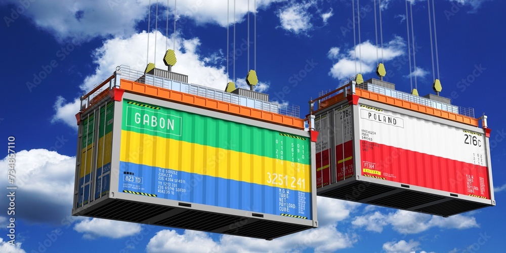 Shipping containers with flags of Gabon and Poland - 3D illustration