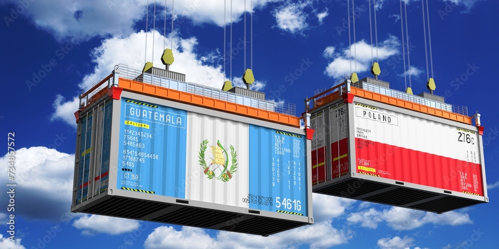 Shipping containers with flags of Guatemala and Poland - 3D illustration
