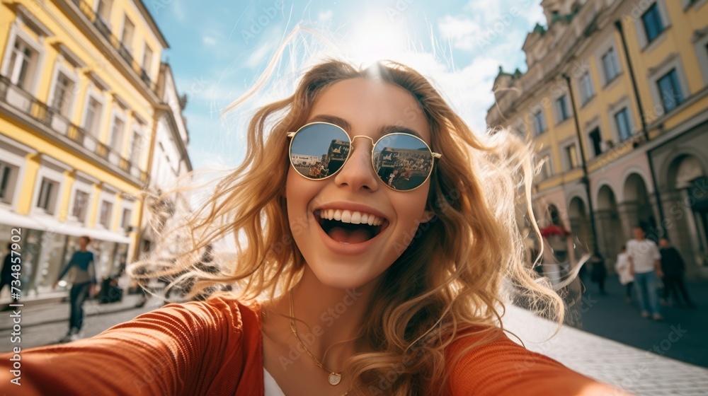 Joyful young woman taking a selfie in an urban street, happiness and lifestyle concept.