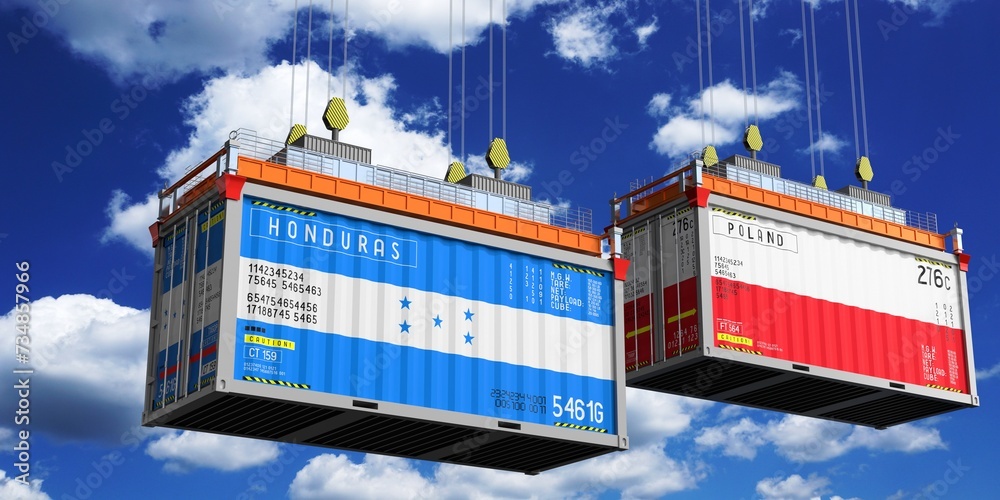 Shipping containers with flags of Honduras and Poland - 3D illustration