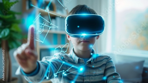 Young boy with VR headset reaching out to holographic interface, symbolizing the intersection of youth and advanced technology.