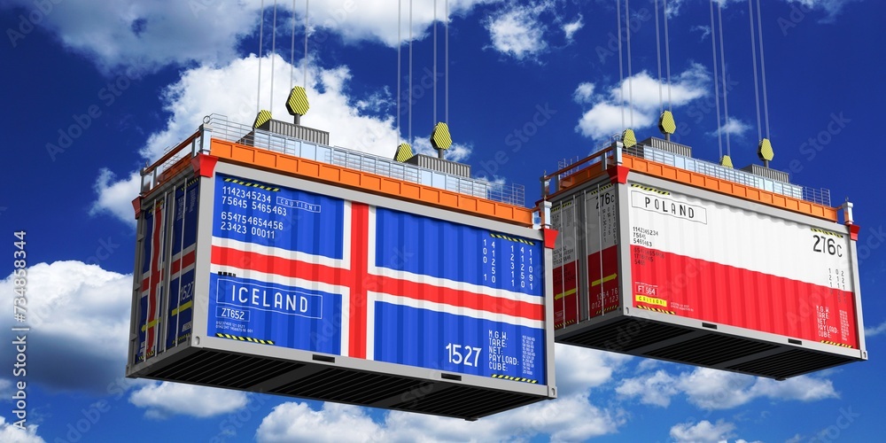 Shipping containers with flags of Iceland and Poland - 3D illustration