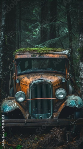 abandoned rusty vintage car in forest 