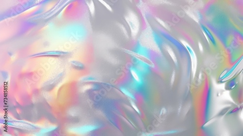 Close-up of an iridescent, abstract holographic texture with smooth swirls and colorful reflections.