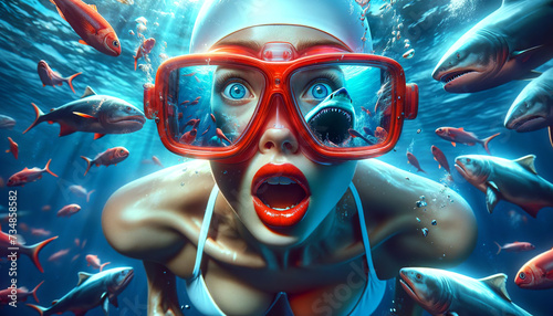 A startled woman in a swimsuit and large red goggles, underwater, surrounded by fish and a close shark, expressing shock and awe in a vibrant seascape.Shark danger concept. AI generated. photo