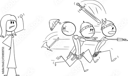 Group of Warriors or Knights Running Away From Woman, Vector Cartoon Stick Figure Illustration