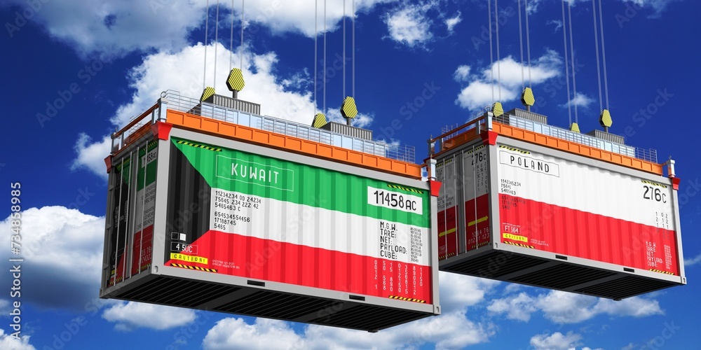 Shipping containers with flags of Kuwait and Poland - 3D illustration