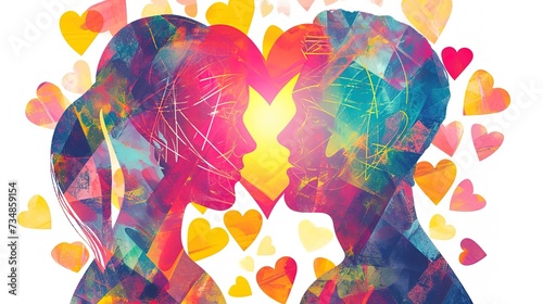 Abstract couple, man and woman, forming heart shape with geometric multicolored figures isolated on white background. Related to love, relationships, abstract art