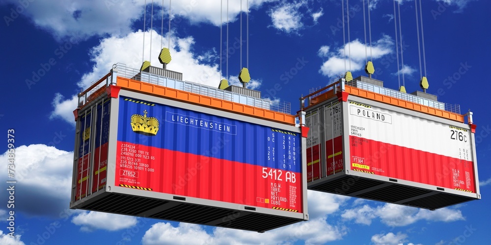 Shipping containers with flags of Liechtenstein and Poland - 3D illustration