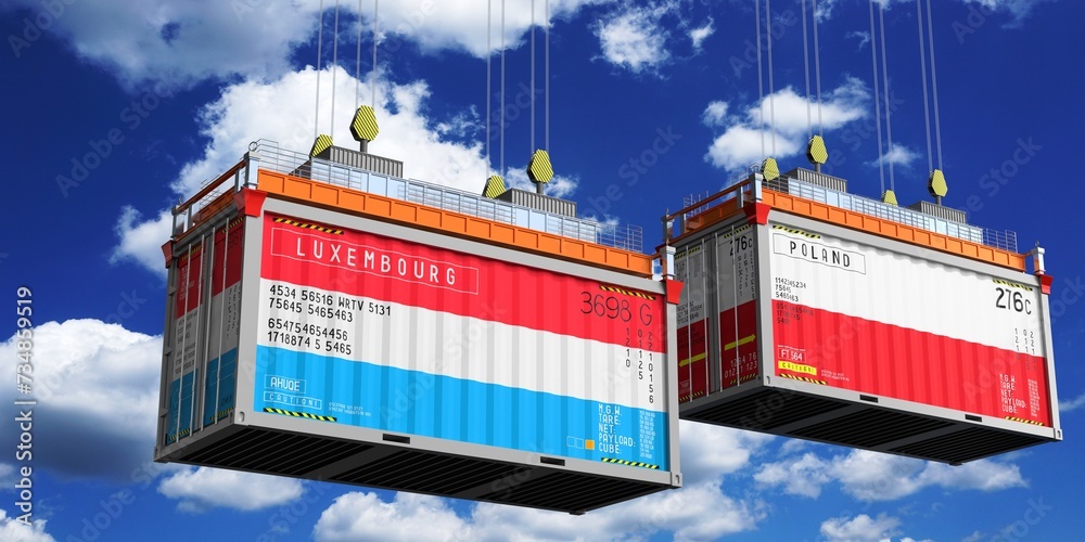 Shipping containers with flags of Luxembourg and Poland - 3D illustration