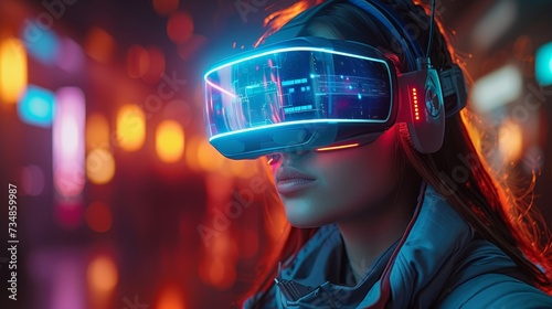 EDGE visuals and futuristic fashion. A woman in a futuristic costume is wearing virtual reality glasses and touching air. A futuristic augmented reality game, future technology, artificial