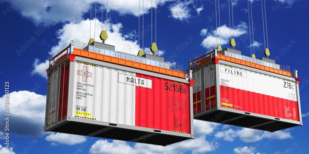 Shipping containers with flags of Malta and Poland - 3D illustration