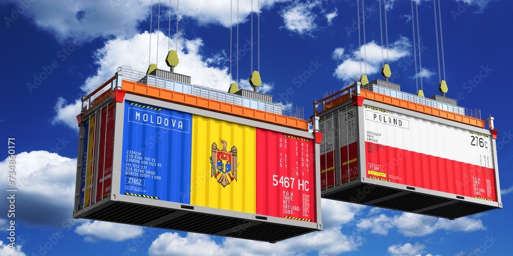 Shipping containers with flags of Moldova and Poland - 3D illustration