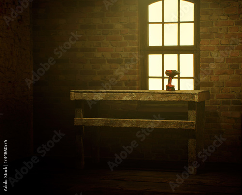 Red electric drill on an old wooden table by a lit window in an dusty workshop. © ysbrandcosijn