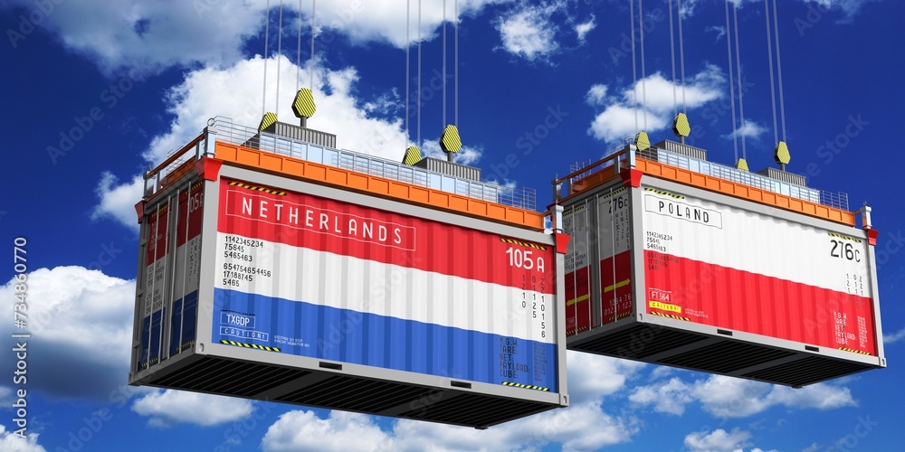 Shipping containers with flags of Netherlands and Poland - 3D illustration