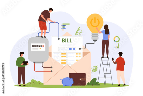 Payment for electricity using utility bill from paper letter. Tiny people check electric energy consumption for light bulbs with meter, unpaid invoice document in envelope cartoon vector illustration