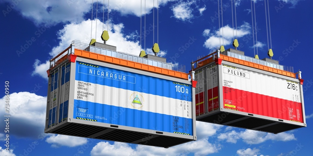 Shipping containers with flags of Nicaragua and Poland - 3D illustration