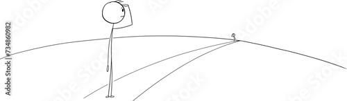 Person Watching Another man in far on Long Road, Vector Cartoon Stick Figure Illustration