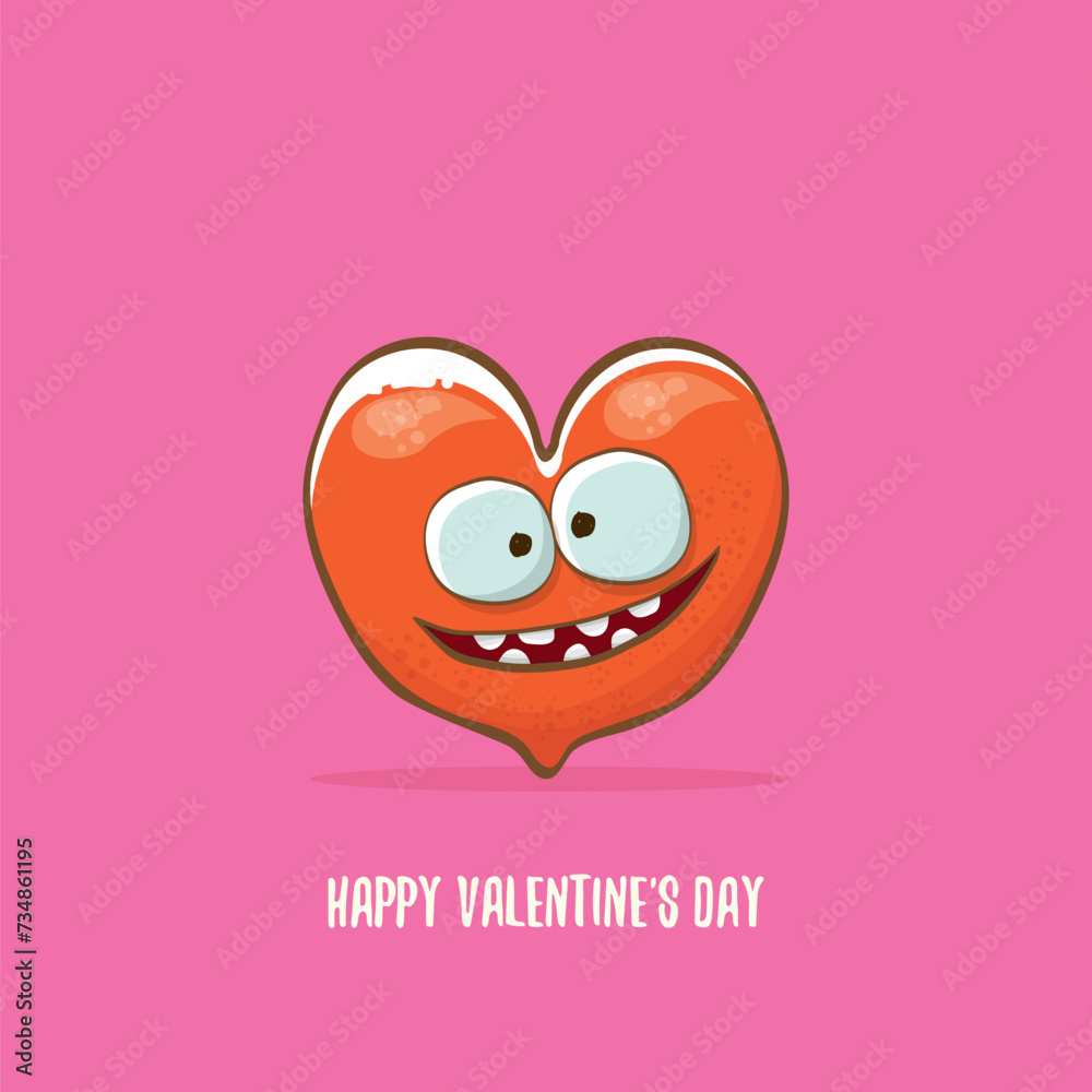 Vector Valentines day greeting card with funny cartoon heart character isolated on pink background. Conceptual valentines day comic funky kids poster or banner Vector Valentines day greeting card with funny cartoon heart character isolated on pink background. Conceptual valentines day comic funky kids poster or banner
