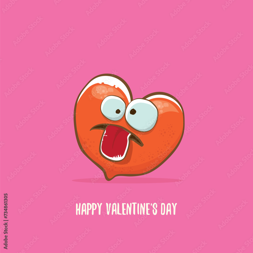 Vector Valentines day greeting card with funny cartoon heart character isolated on pink background. Conceptual valentines day comic funky kids poster or banner Vector Valentines day greeting card with funny cartoon heart character isolated on pink background. Conceptual valentines day comic funky kids poster or banner