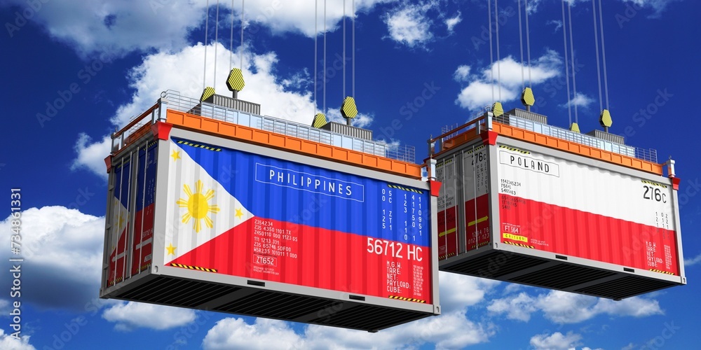 Shipping containers with flags of Philippines and Poland - 3D illustration
