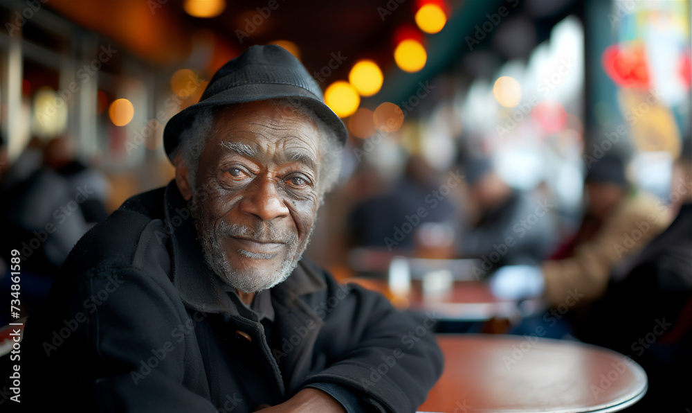 An elderly homeless man  in black jacket and hat eats in the shelter's canteen. Urban poverty and hunger concept. Street lifestyle and survival.