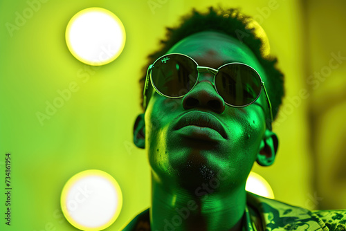 A fashionable portrait of a young black man wearing modern sunglasses and bright green jacket. Urban fashion, street style photo