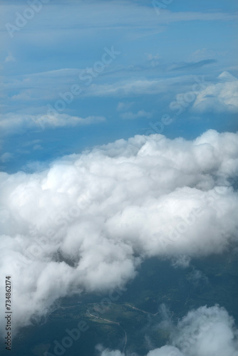 View of clouds in the sky from the plane, sky background.