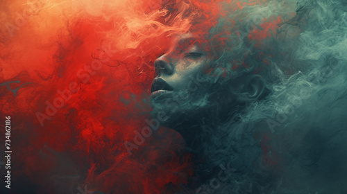 An image of a man with a red smoke cloud on his face