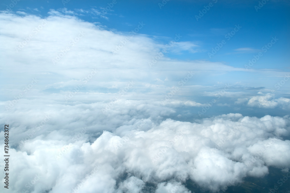 View of clouds in the sky from the plane, sky background.
