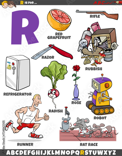 Letter R set with cartoon objects and characters