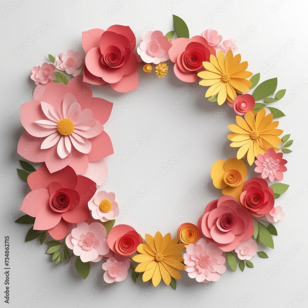 A wreath of colorful paper cutout flowers with lush green leaves, arranged in a circular pattern