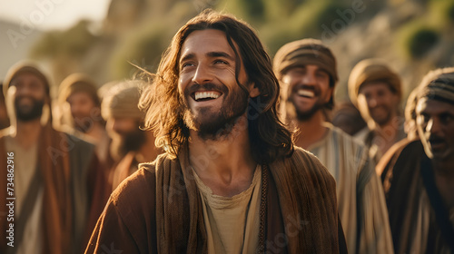 Jesus smiling. Portrait. A group of followers, Real photography. testimonies. photo