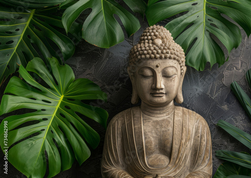Stone buddha statue stands among tropical leaves