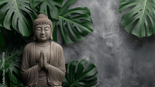 Stone buddha statue stands among tropical leaves