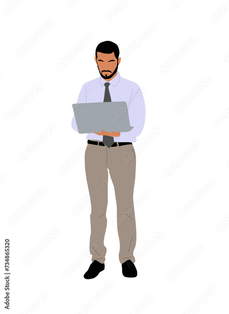 Businessman working at laptop. Handsome man standing in office outfit, shirt and tie, looking at computer. Vector realistic illustration isolated on transparent background.