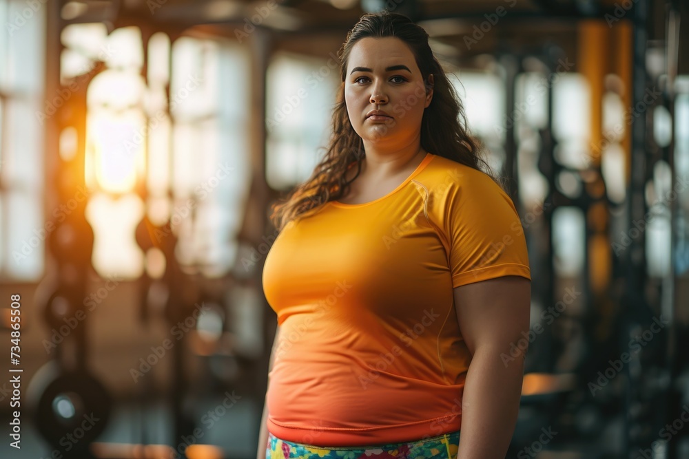 Very fat young woman with a sad face stands in the fitness center next to dumbbells and barbells. Unsporty girl at her first workout in the gym.