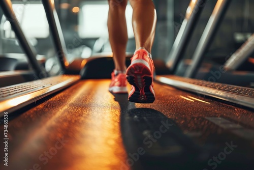 Close-up of legs in sneakers, girl athlete doing sports on a treadmill. Active running workout of a woman in a fitness center. photo